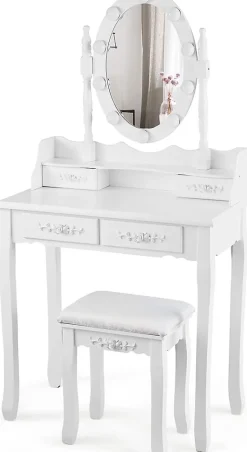 Coiffeuse avec Tabouret et Miroir Lumière LED 3 Couleurs Table de Maquillage 2 en 1 avec 4 Tiroirs et étagère de Rangement