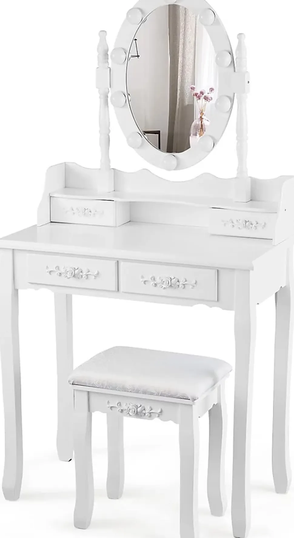 Coiffeuse avec Tabouret et Miroir Lumière LED 3 Couleurs Table de Maquillage 2 en 1 avec 4 Tiroirs et étagère de Rangement