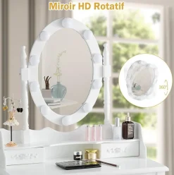 Coiffeuse avec Tabouret et Miroir Lumière LED 3 Couleurs Table de Maquillage 2 en 1 avec 4 Tiroirs et étagère de Rangement
