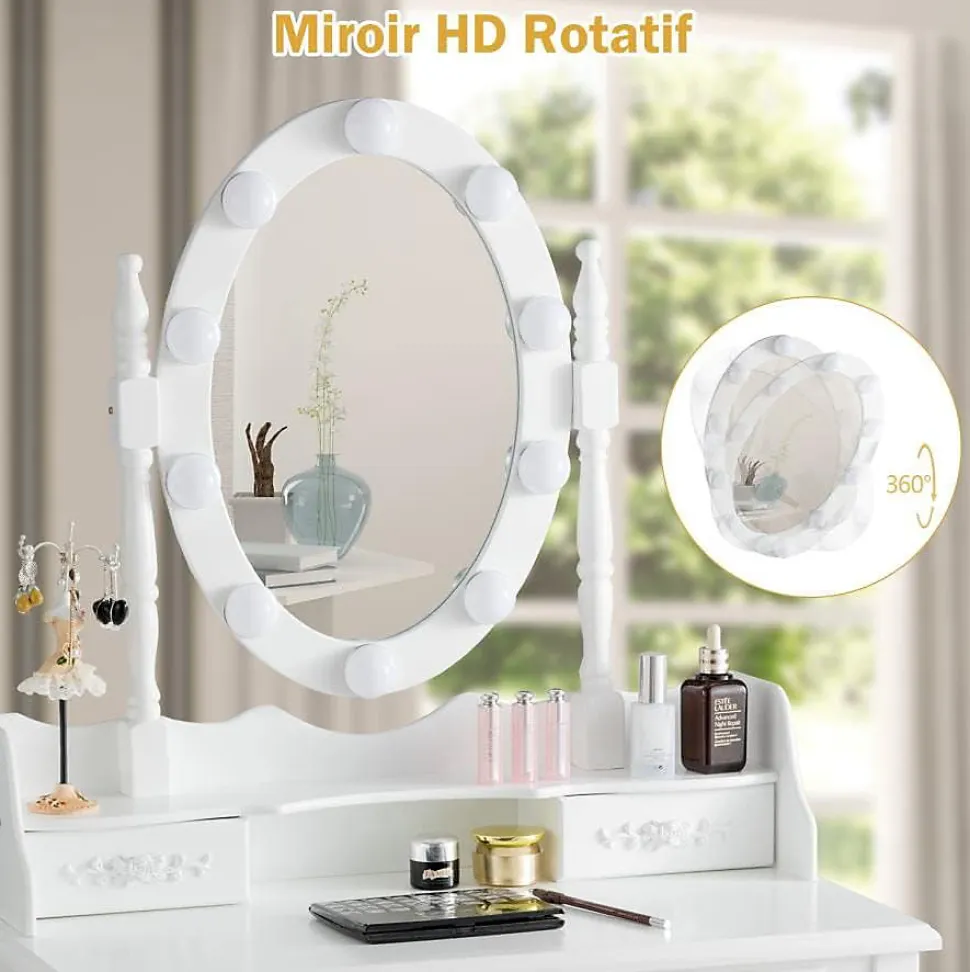 Coiffeuse avec Tabouret et Miroir Lumière LED 3 Couleurs Table de Maquillage 2 en 1 avec 4 Tiroirs et étagère de Rangement