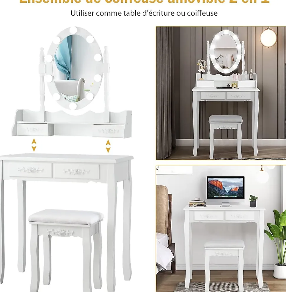 Coiffeuse avec Tabouret et Miroir Lumière LED 3 Couleurs Table de Maquillage 2 en 1 avec 4 Tiroirs et étagère de Rangement