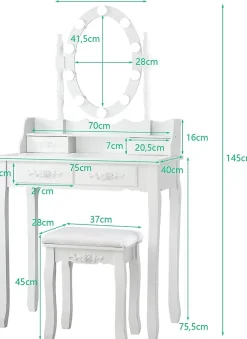 Coiffeuse avec Tabouret et Miroir Lumière LED 3 Couleurs Table de Maquillage 2 en 1 avec 4 Tiroirs et étagère de Rangement