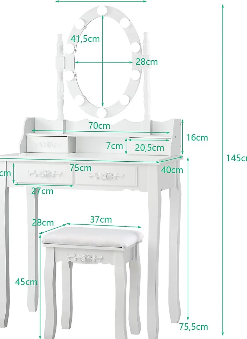 Coiffeuse avec Tabouret et Miroir Lumière LED 3 Couleurs Table de Maquillage 2 en 1 avec 4 Tiroirs et étagère de Rangement