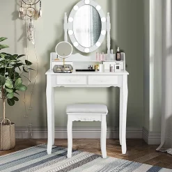 Coiffeuse avec Tabouret et Miroir Lumière LED 3 Couleurs Table de Maquillage 2 en 1 avec 4 Tiroirs et étagère de Rangement