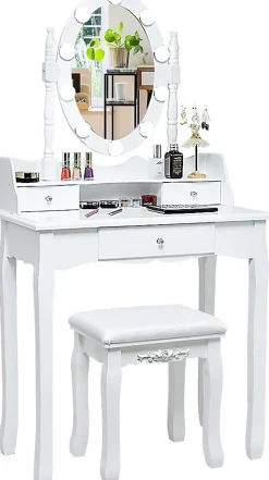 Coiffeuse avec Tabouret et Miroir Amovible, 10 Lumières LED, Table de Maquillage 2 en 1 avec 4 Tiroirs, Blanc