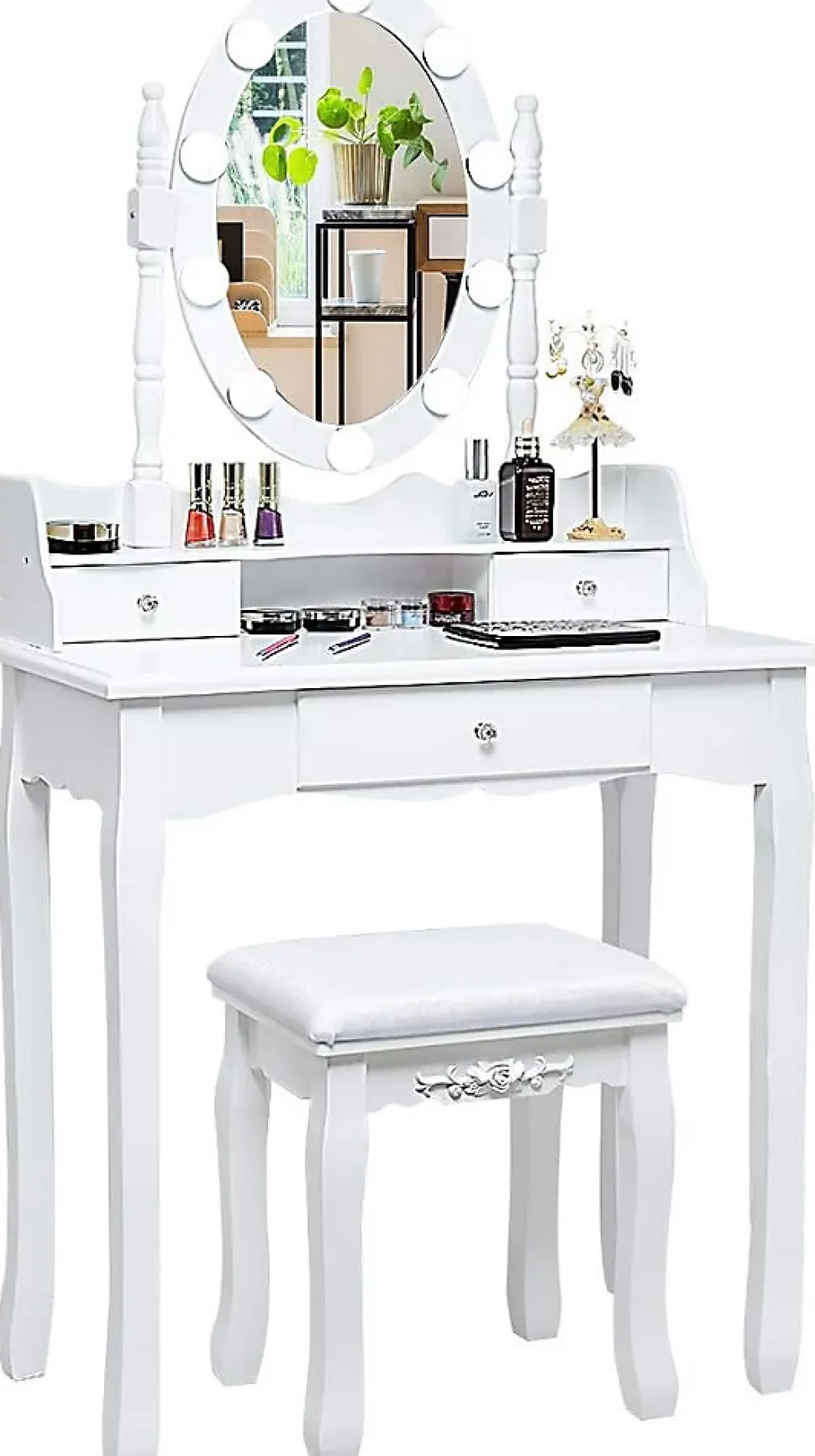 Coiffeuse avec Tabouret et Miroir Amovible, 10 Lumières LED, Table de Maquillage 2 en 1 avec 4 Tiroirs, Blanc