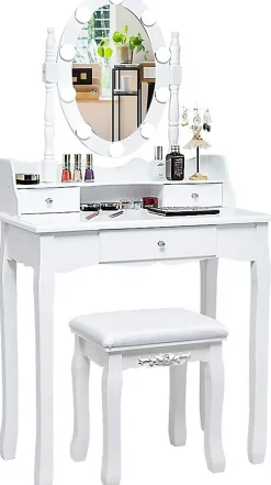 Coiffeuse avec Tabouret et Miroir Amovible, 10 Lumières LED, Table de Maquillage 2 en 1 avec 4 Tiroirs, Blanc