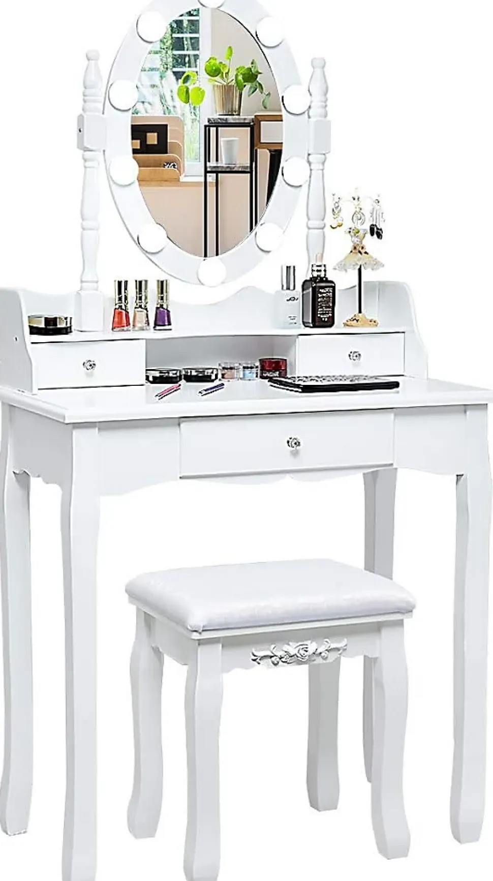 Coiffeuse avec Tabouret et Miroir Amovible, 10 Lumières LED, Table de Maquillage 2 en 1 avec 4 Tiroirs, Blanc