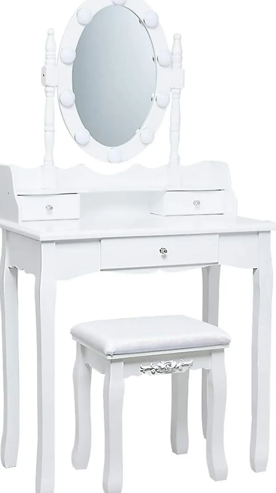 Coiffeuse avec Tabouret et Miroir Amovible, 10 Lumières LED, Table de Maquillage 2 en 1 avec 4 Tiroirs, Blanc
