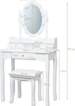 Coiffeuse avec Tabouret et Miroir Amovible, 10 Lumières LED, Table de Maquillage 2 en 1 avec 4 Tiroirs, Blanc