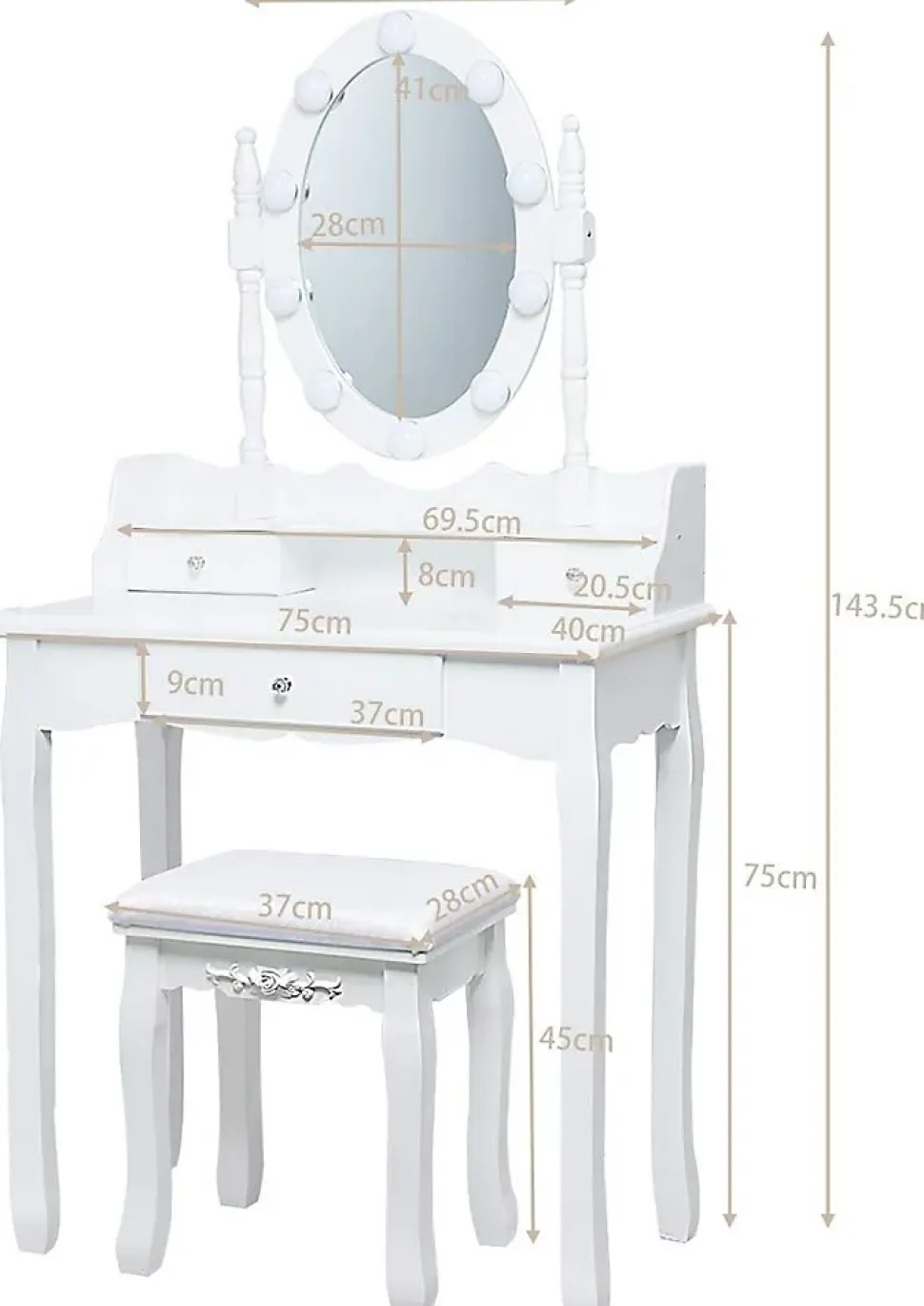 Coiffeuse avec Tabouret et Miroir Amovible, 10 Lumières LED, Table de Maquillage 2 en 1 avec 4 Tiroirs, Blanc