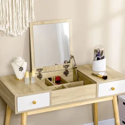 Coiffeuse avec tabouret style scandinave - 2 tiroirs, compartiment porte miroir - panneaux aspect chêne clair blanc