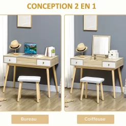 Coiffeuse avec tabouret style scandinave - 2 tiroirs, compartiment porte miroir - panneaux aspect chêne clair blanc