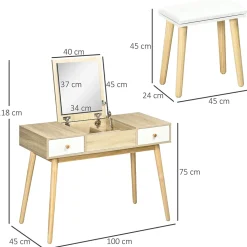 Coiffeuse avec tabouret style scandinave - 2 tiroirs, compartiment porte miroir - panneaux aspect chêne clair blanc