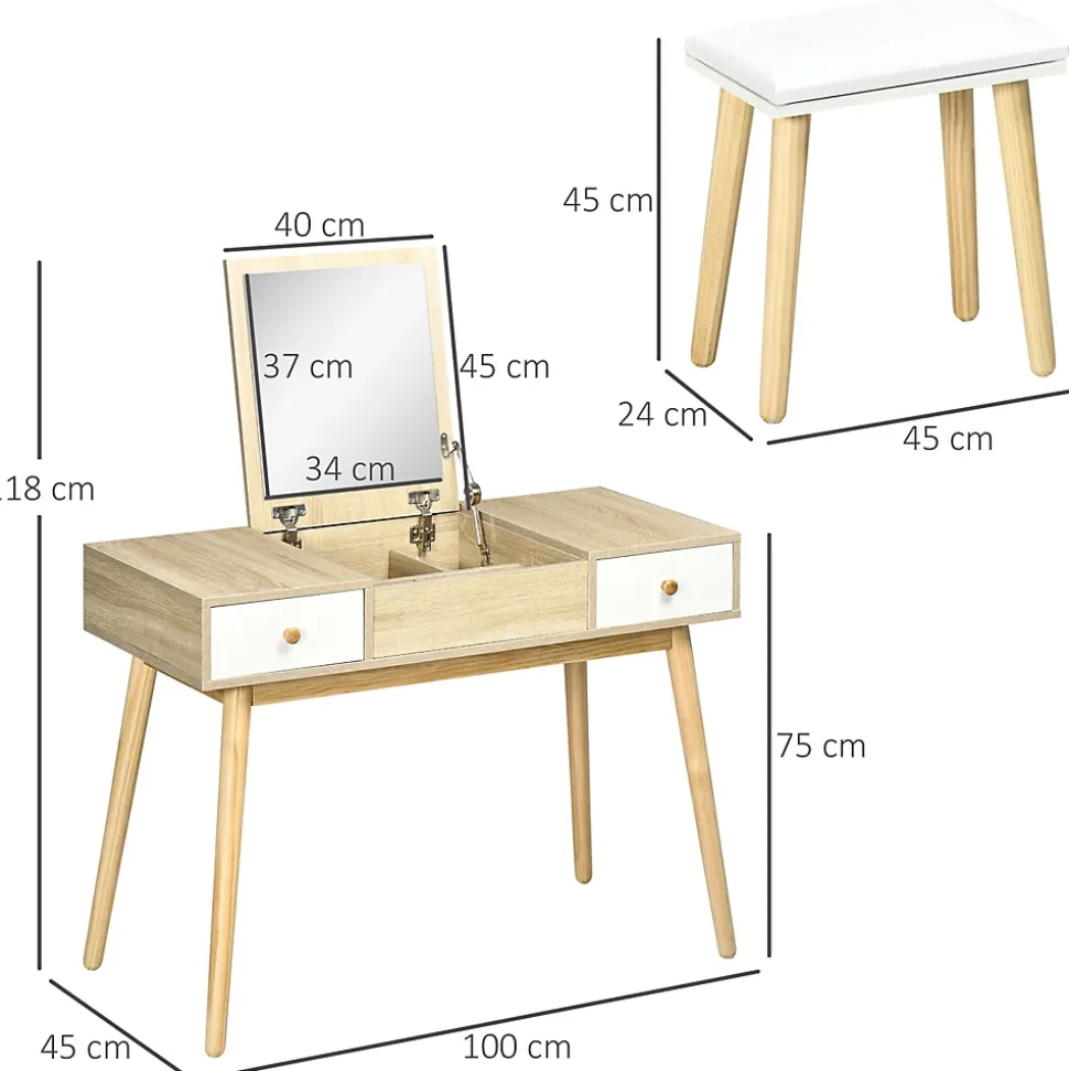Coiffeuse avec tabouret style scandinave - 2 tiroirs, compartiment porte miroir - panneaux aspect chêne clair blanc