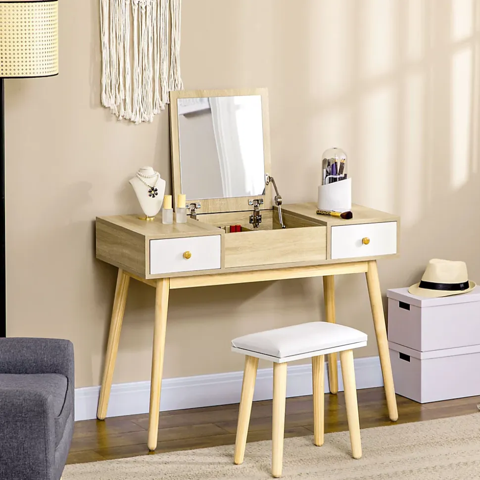 Coiffeuse avec tabouret style scandinave - 2 tiroirs, compartiment porte miroir - panneaux aspect chêne clair blanc