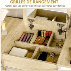 Coiffeuse avec tabouret style scandinave - 2 tiroirs, compartiment porte miroir - panneaux aspect chêne clair blanc