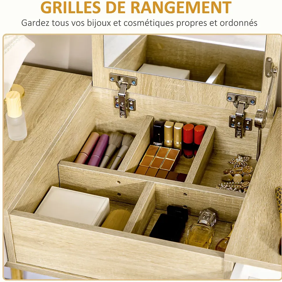 Coiffeuse avec tabouret style scandinave - 2 tiroirs, compartiment porte miroir - panneaux aspect chêne clair blanc