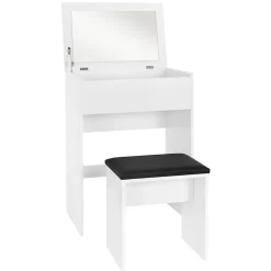 Coiffeuse blanc avec miroir pliable table de maquillage avec tabouret noir MDF