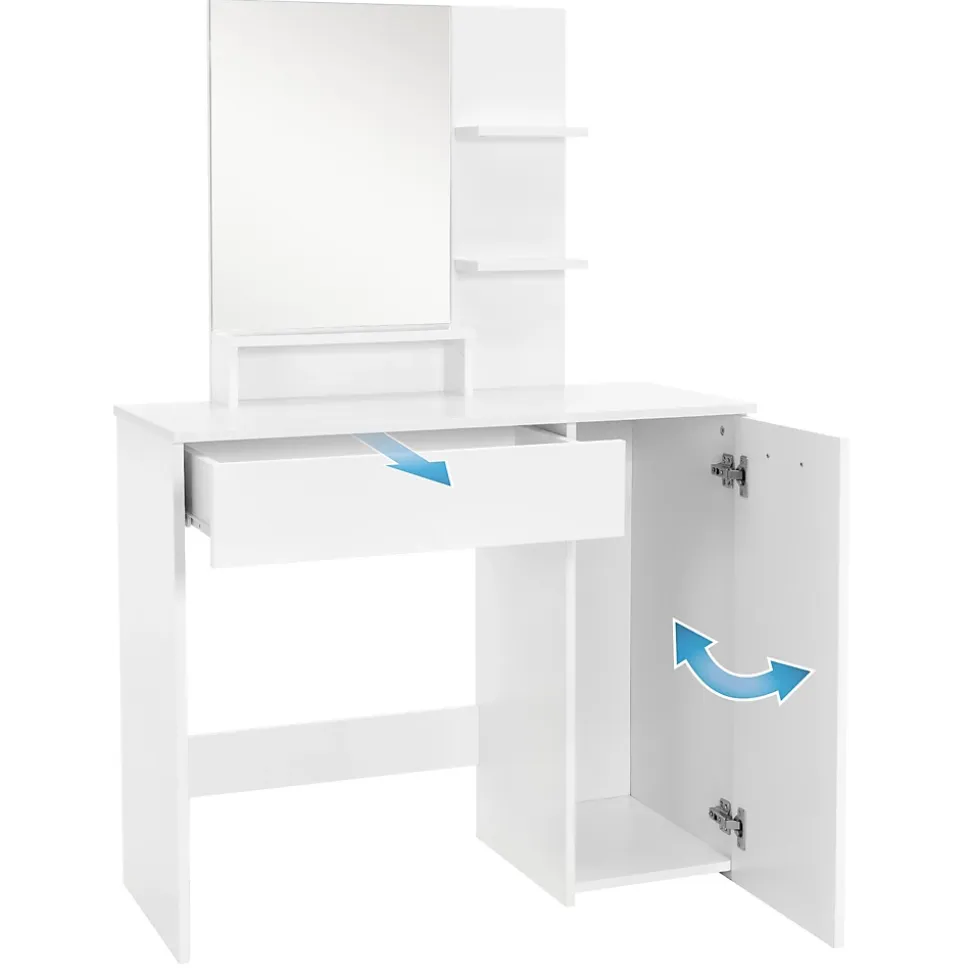 Coiffeuse blanc avec miroir et deux étagères ouvertes table de maquillage en MDF