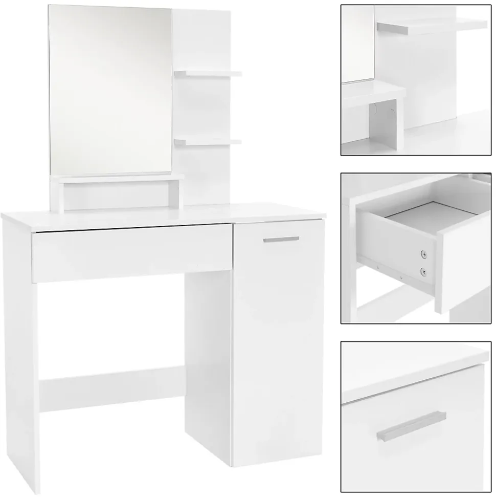 Coiffeuse blanc avec miroir et deux étagères ouvertes table de maquillage en MDF