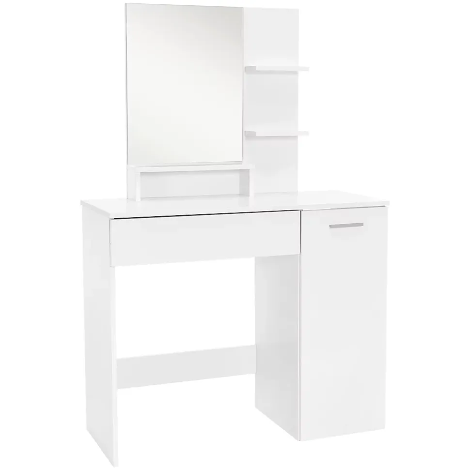 Coiffeuse blanc avec miroir et deux étagères ouvertes table de maquillage en MDF