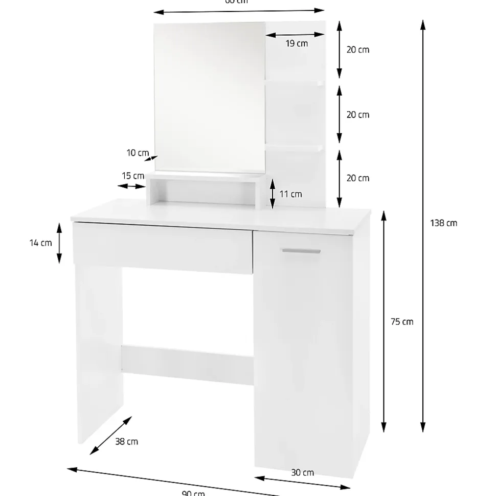 Coiffeuse blanc avec miroir et deux étagères ouvertes table de maquillage en MDF