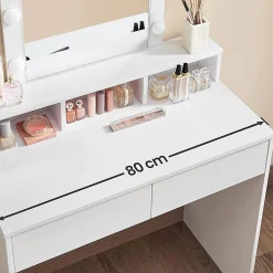Coiffeuse blanche avec miroir à ampoules et 2 tiroirs - L80 x H145 cm