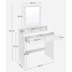 Coiffeuse blanche avec miroir à ampoules et 2 tiroirs - L80 x H145 cm