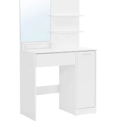 Coiffeuse blanche avec miroir, 1 tiroir, 2 étagères et armoire de rangement - L80 x H132 cm