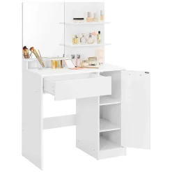 Coiffeuse blanche avec miroir, 1 tiroir, 2 étagères et armoire de rangement - L80 x H132 cm