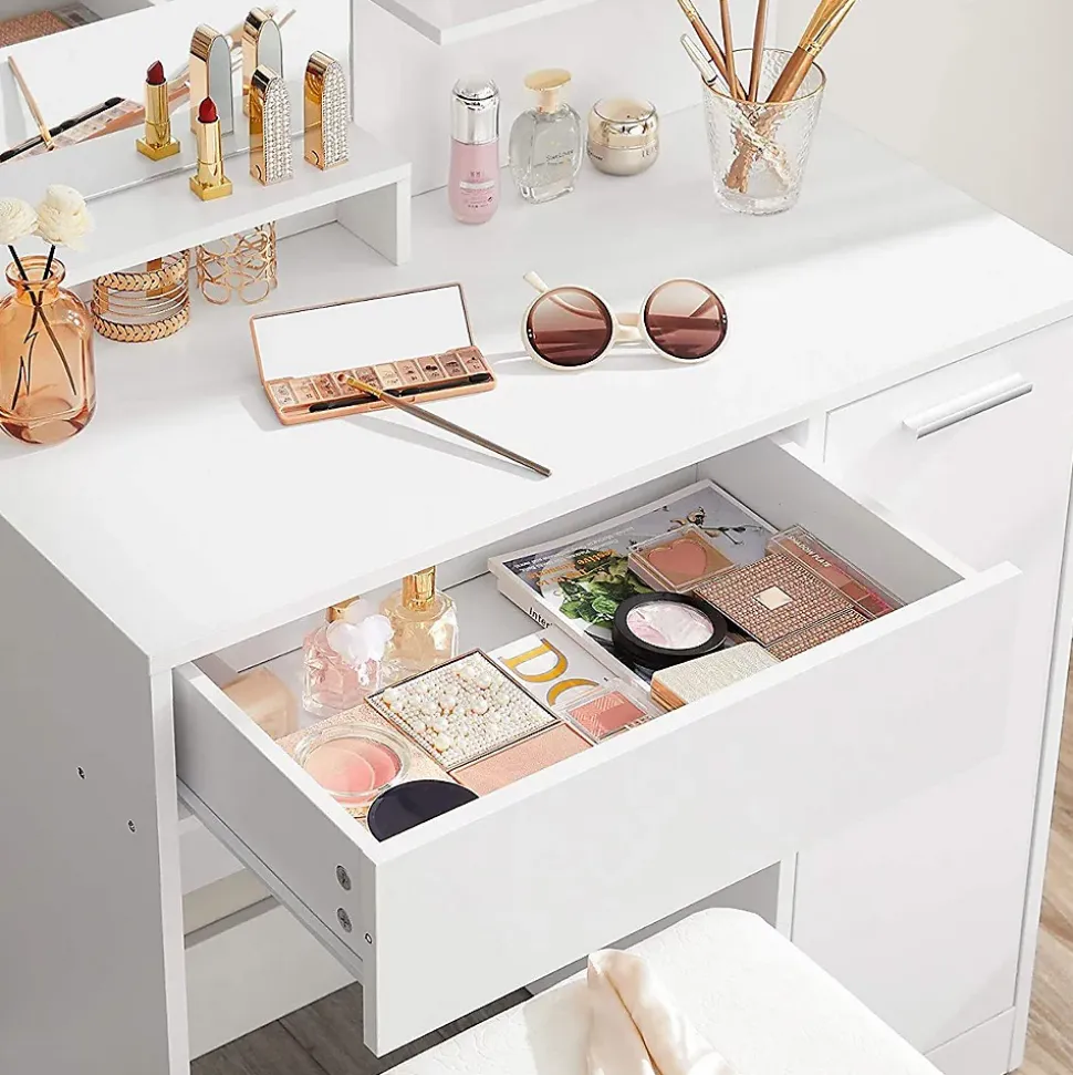 Coiffeuse blanche avec miroir, 1 tiroir, 2 étagères et armoire de rangement - L80 x H132 cm