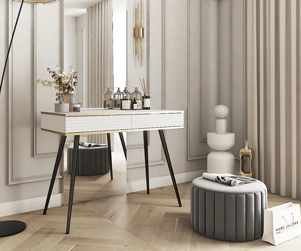 Coiffeuse blanche glamour avec pieds noirs, 102 x 80 x 50