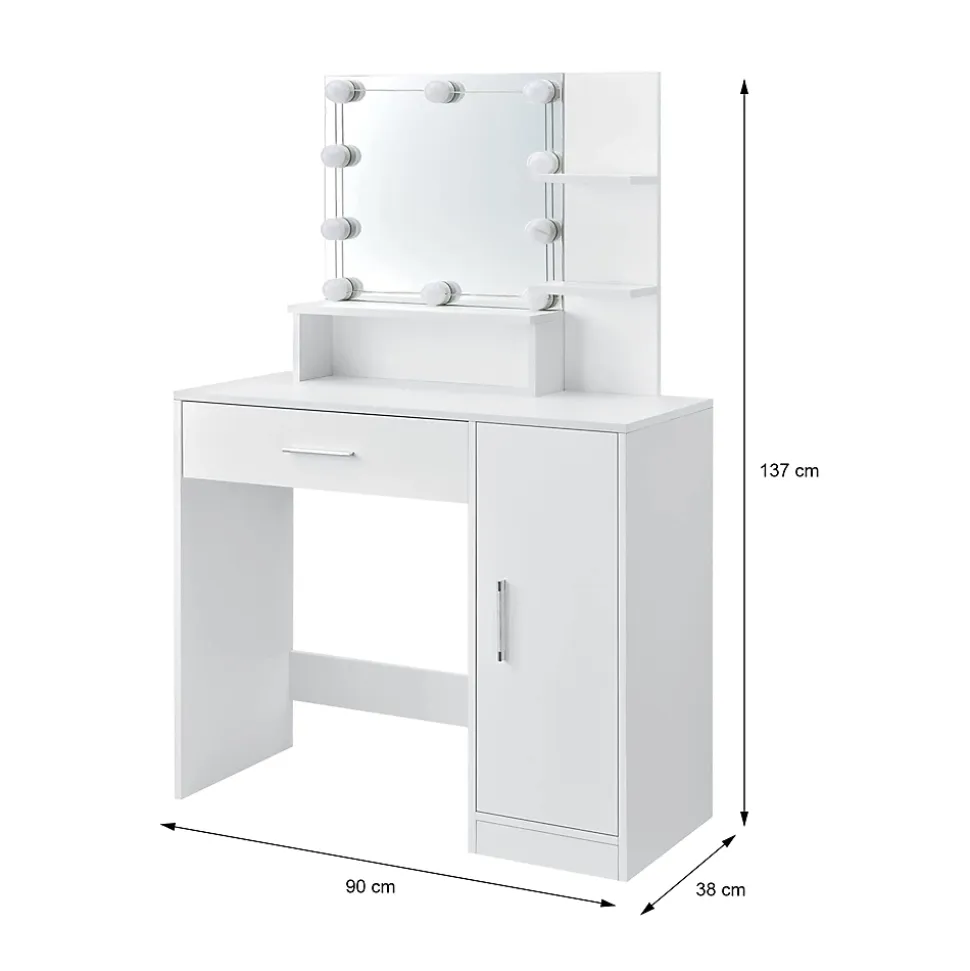 Coiffeuse blanche ML-Design avec éclairage LED miroir tiroir 3 compartiments de rangement bois MDF