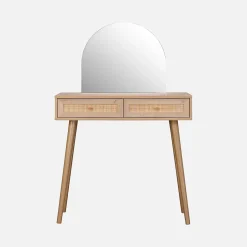 Coiffeuse Bohème avec miroir arrondi et 2 tiroirs cannage. coloris naturel. style Scandinave. L 90 x P 35 x H 135.5 cm
