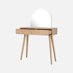 Coiffeuse Bohème avec miroir arrondi et 2 tiroirs cannage. coloris naturel. style Scandinave. L 90 x P 35 x H 135.5 cm