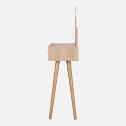 Coiffeuse Bohème avec miroir arrondi et 2 tiroirs cannage. coloris naturel. style Scandinave. L 90 x P 35 x H 135.5 cm