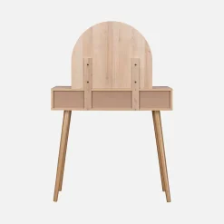 Coiffeuse Bohème avec miroir arrondi et 2 tiroirs cannage. coloris naturel. style Scandinave. L 90 x P 35 x H 135.5 cm