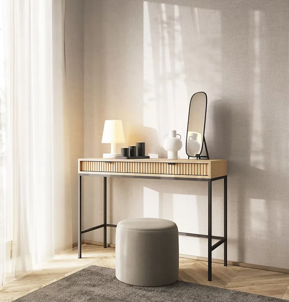 Coiffeuse bureau 2 tiroirs aspect chêne avec pieds noirs 104 cm VELLORE