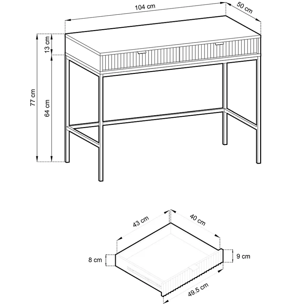 Coiffeuse bureau 2 tiroirs aspect chêne avec pieds noirs 104 cm VELLORE