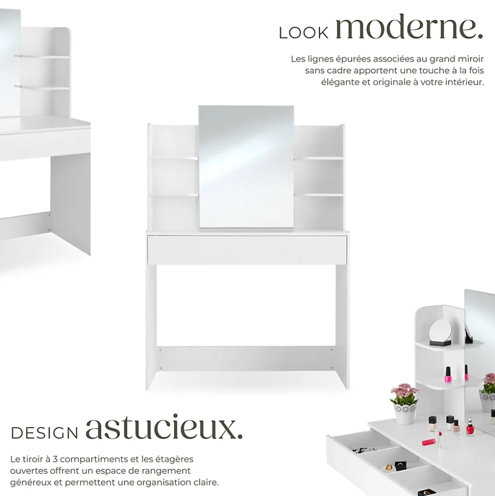 Coiffeuse CAMILLE avec miroir et rangements au look moderne