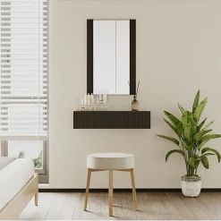 Coiffeuse cannelée suspendue - Noir mat - Mélamine PVC - 1 tiroir - Miroir 54x80 cm - Tiroir 80x17x42 cm
