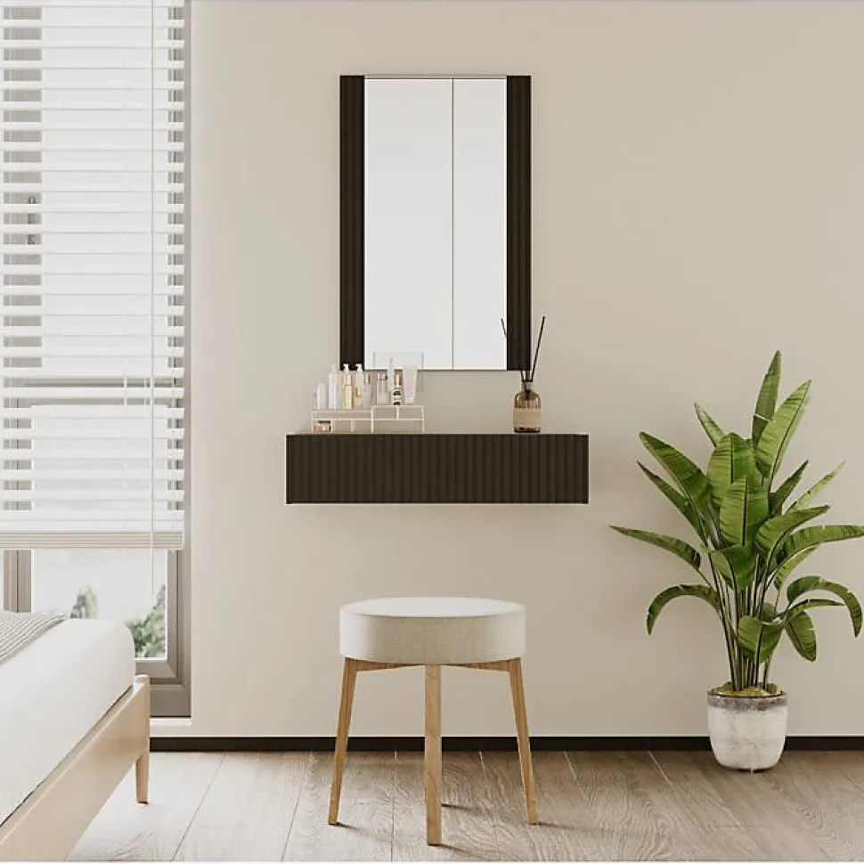 Coiffeuse cannelée suspendue - Noir mat - Mélamine PVC - 1 tiroir - Miroir 54x80 cm - Tiroir 80x17x42 cm
