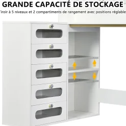 Coiffeuse d'angle en forme de L avec miroir, rangements et étagères, Table de maquillage gain de place, 120x80x135 cm, Blanc