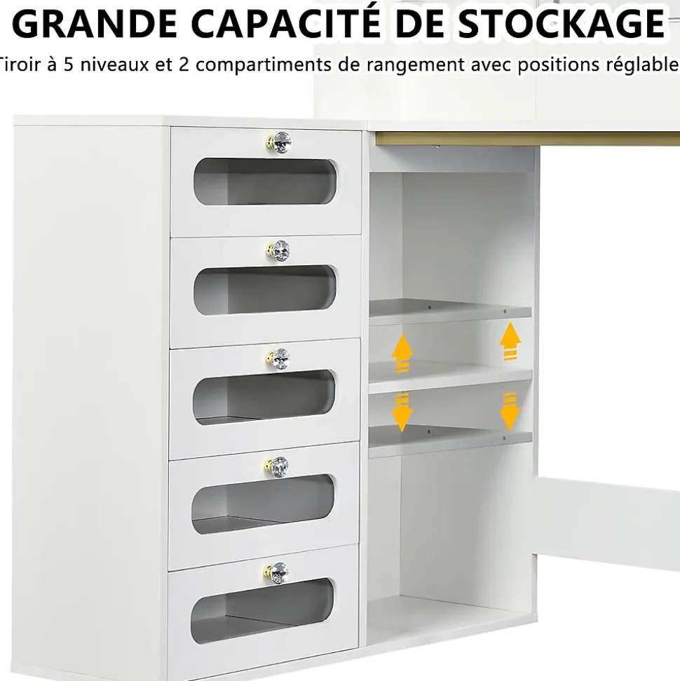 Coiffeuse d'angle en forme de L avec miroir, rangements et étagères, Table de maquillage gain de place, 120x80x135 cm, Blanc