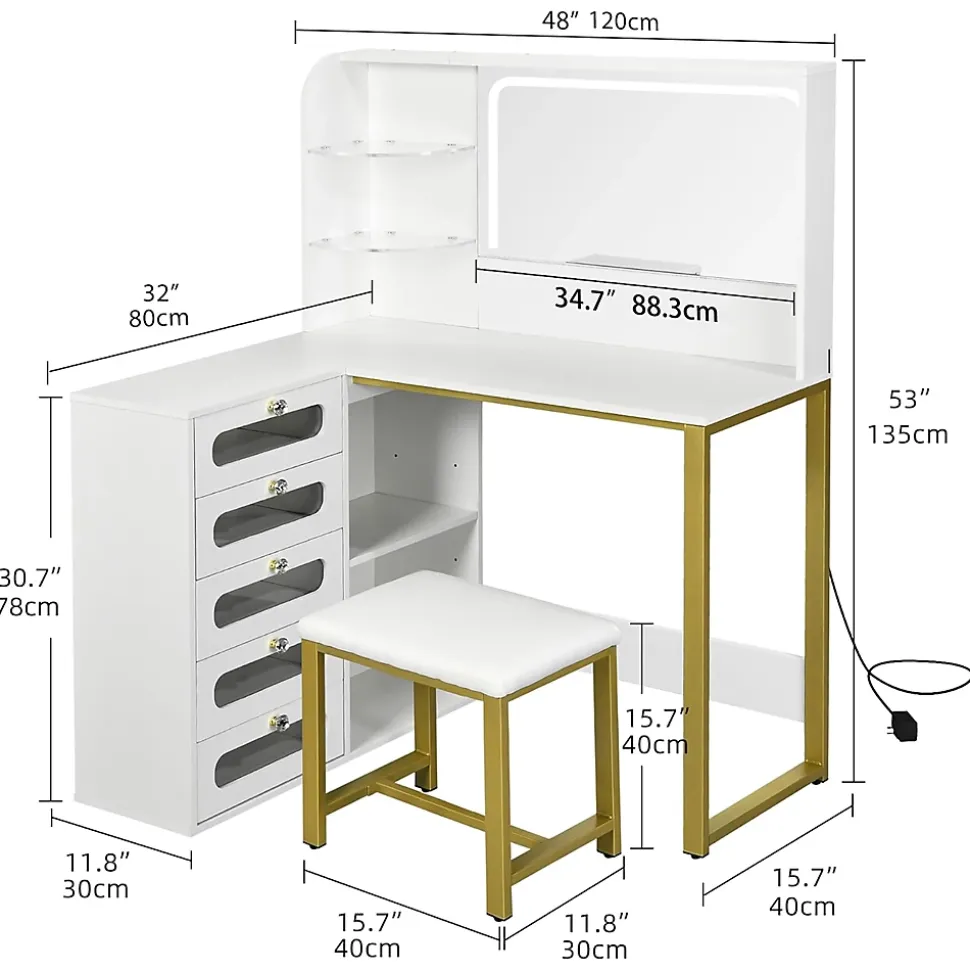 Coiffeuse d'angle en forme de L avec miroir, rangements et étagères, Table de maquillage gain de place, 120x80x135 cm, Blanc