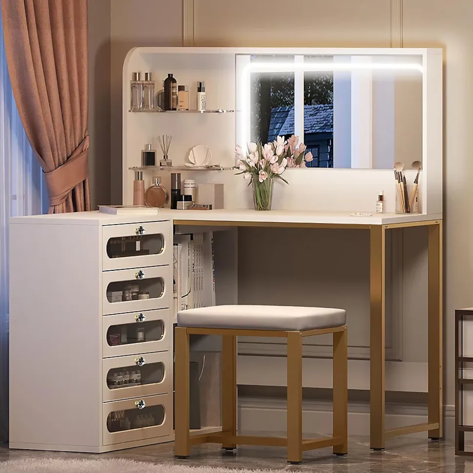Coiffeuse d'angle en forme de L avec miroir, rangements et étagères, Table de maquillage gain de place, 120x80x135 cm, Blanc