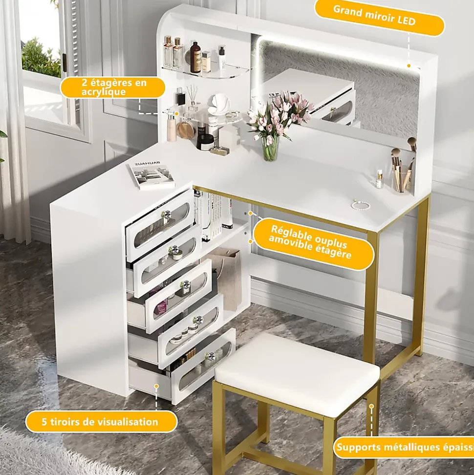 Coiffeuse d'angle en forme de L avec miroir, rangements et étagères, Table de maquillage gain de place, 120x80x135 cm, Blanc