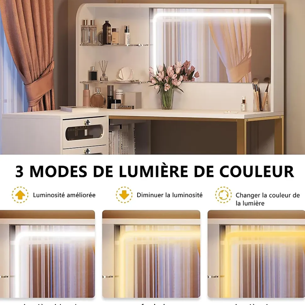 Coiffeuse d'angle en forme de L avec miroir, rangements et étagères, Table de maquillage gain de place, 120x80x135 cm, Blanc