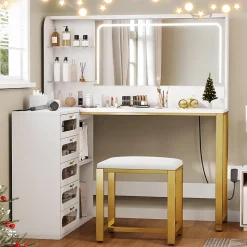 Coiffeuse d'angle en forme de L avec miroir, rangements et étagères, Table de maquillage gain de place, 120x80x135 cm, Blanc